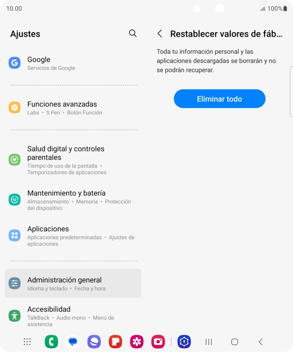 Pulsa Eliminar todo. Espera unos instantes mientras el teléfono restablece la configuración predeterminada. Sigue las indicaciones de la pantalla para configurar el teléfono y dejarlo listo para su uso.