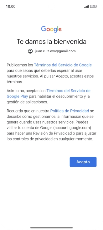Pulsa Acepto y sigue las indicaciones de la pantalla para seleccionar los ajustes de tu cuenta de Google.