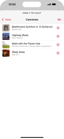 Desplázate a la categoría deseada y pulsa el icono de añadir junto al archivo de música correspondiente.