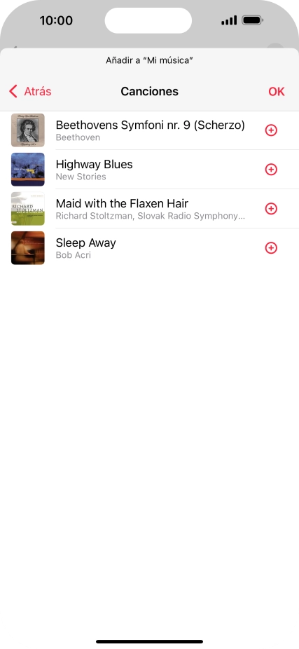 Desplázate a la categoría deseada y pulsa el icono de añadir junto al archivo de música correspondiente.