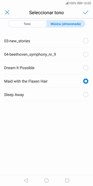Al encontrar un timbre de llamada de tu gusto, pulsa el icono de aceptar.