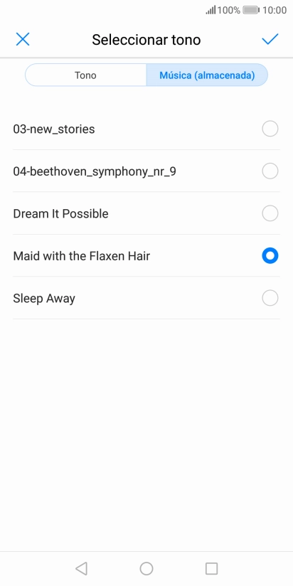 Al encontrar un timbre de llamada de tu gusto, pulsa el icono de aceptar.