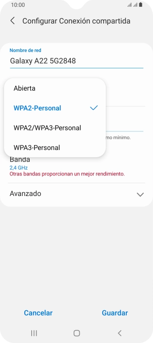 Pulsa WPA3-Personal para proteger la conexión wifi con una contraseña.