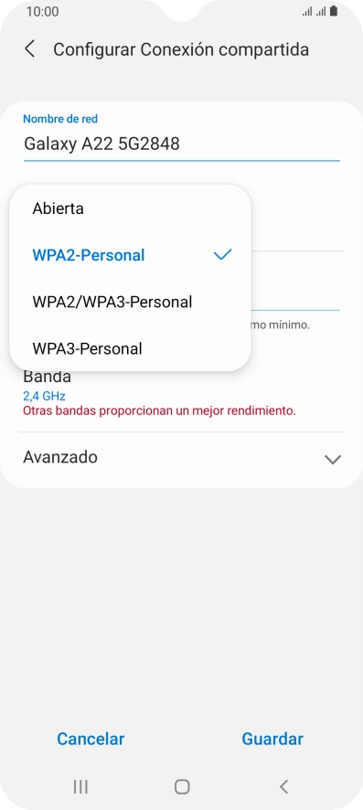 Pulsa WPA3-Personal para proteger la conexión wifi con una contraseña.