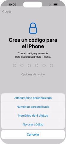 Sigue las indicaciones de la pantalla para activar el uso del código de seguridad o pulsa No usar código.
