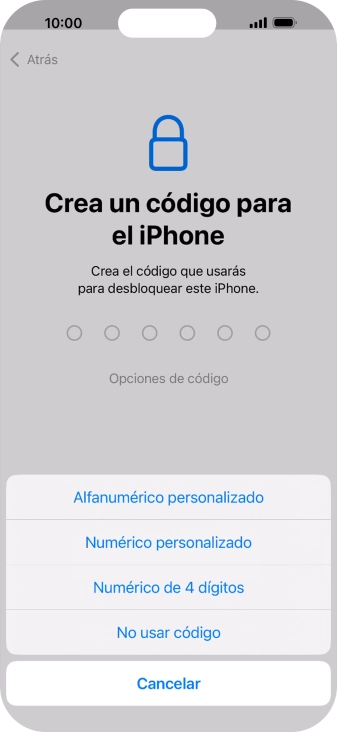 Sigue las indicaciones de la pantalla para activar el uso del código de seguridad o pulsa No usar código.