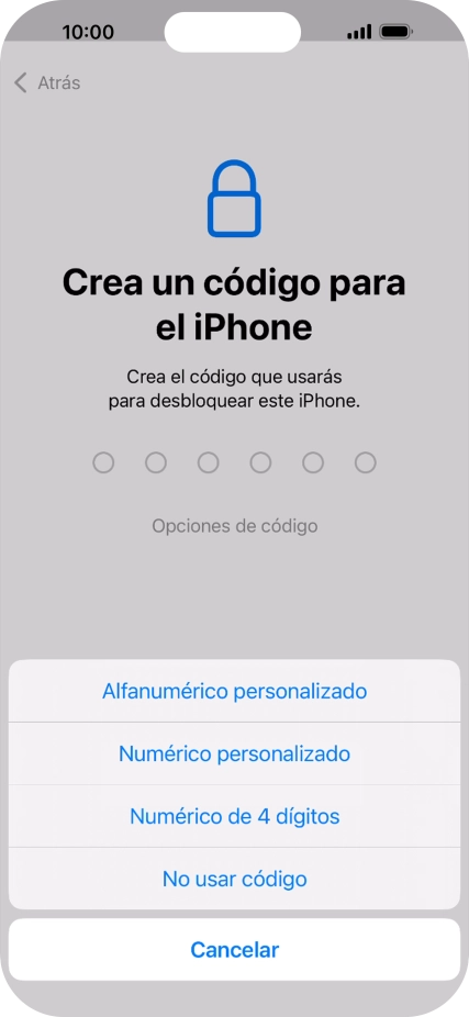 Sigue las indicaciones de la pantalla para activar el uso del código de seguridad o pulsa No usar código.