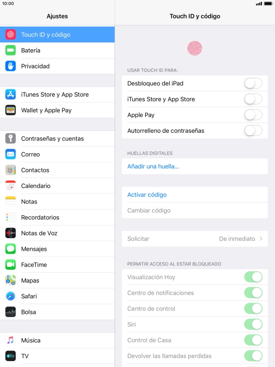 Pulsa Activar código e introduce un código de seguridad de libre elección dos veces seguidas.