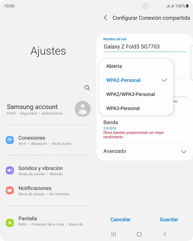 Pulsa WPA3-Personal para proteger la conexión wifi con una contraseña.
