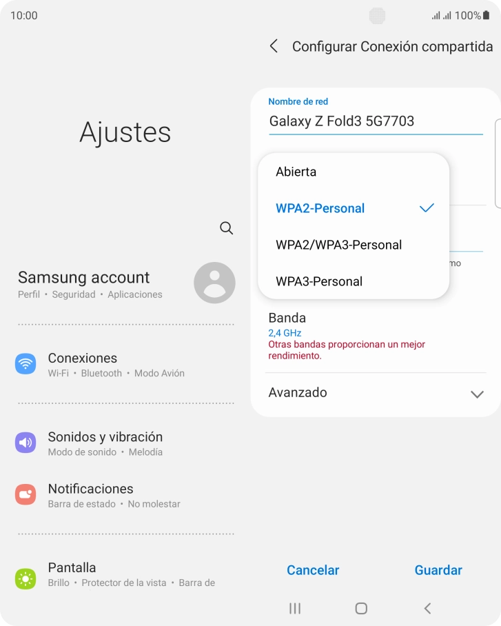 Pulsa WPA3-Personal para proteger la conexión wifi con una contraseña.