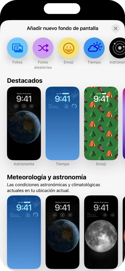 Pulsa una categoría y sigue las indicaciones de la pantalla para seleccionar la imagen de fondo deseada.
