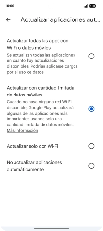 Para activar la actualización automática de apps utilizando la red móvil, pulsa Actualizar todas las apps con Wi-Fi o datos móviles.