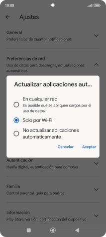 Para activar la actualización automática de apps utilizando la red móvil, pulsa En cualquier red.