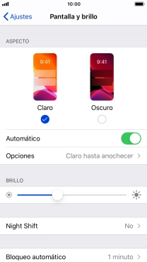 Si activas la función, pulsa Opciones y sigue las indicaciones de la pantalla para seleccionar el período de tiempo que debe durar el Modo Oscuro.