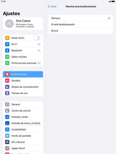 Para seleccionar la vista previa de las notificaciones en la pantalla de bloqueo, pulsa Siempre.
