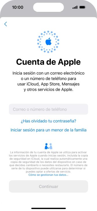Pulsa Correo o número de teléfono e introduce el nombre de usuario de tu ID de Apple.