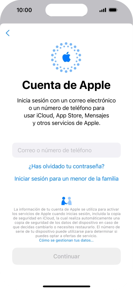 Pulsa Correo o número de teléfono e introduce el nombre de usuario de tu ID de Apple.