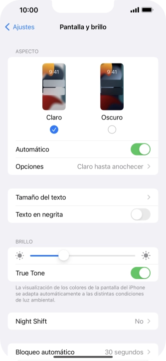 Si activas la función, pulsa Opciones y sigue las indicaciones de la pantalla para seleccionar el período de tiempo que debe durar el Modo Oscuro.