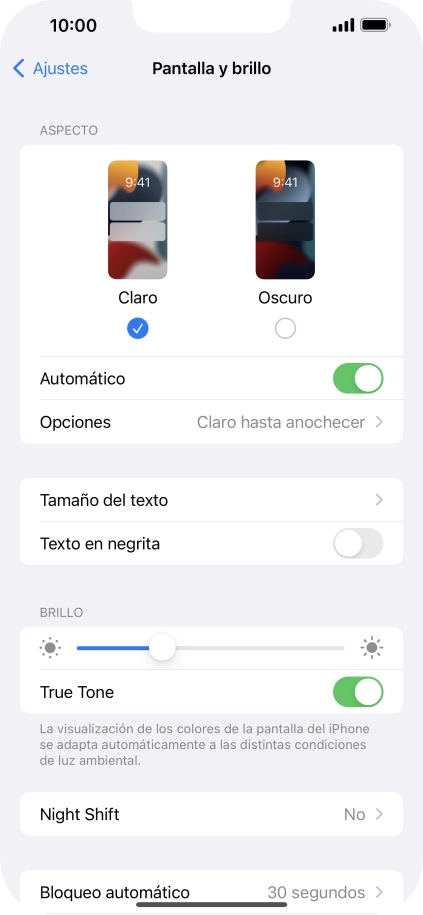 Si activas la función, pulsa Opciones y sigue las indicaciones de la pantalla para seleccionar el período de tiempo que debe durar el Modo Oscuro.