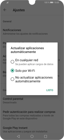 Para activar la actualización automática de apps utilizando la red móvil, pulsa En cualquer red. Se pueden aplicar cargos de datos.