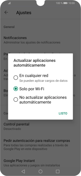 Para activar la actualización automática de apps utilizando la red móvil, pulsa En cualquer red. Se pueden aplicar cargos de datos.