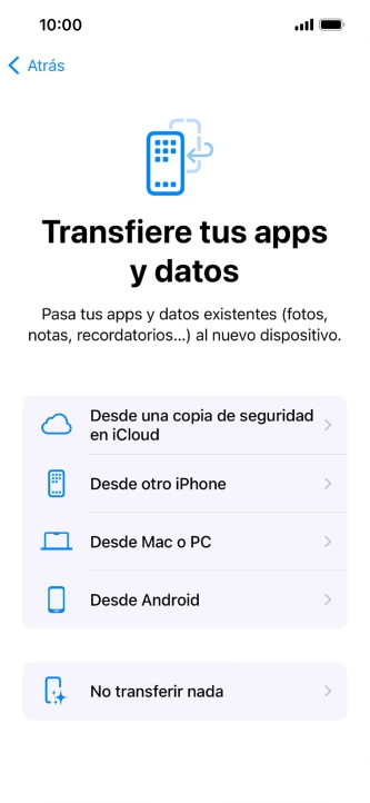 Puedes transferir el contenido de otro teléfono Android cuando el teléfono se activa antes de utilizarlo por primera vez y cuando lo restableces. Cuando aparece esta imagen de pantalla, el teléfono está listo para la transferencia de contenido desde otro teléfono Android.