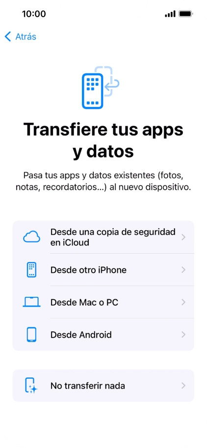 Puedes transferir el contenido de otro teléfono Android cuando el teléfono se activa antes de utilizarlo por primera vez y cuando lo restableces. Cuando aparece esta imagen de pantalla, el teléfono está listo para la transferencia de contenido desde otro teléfono Android.