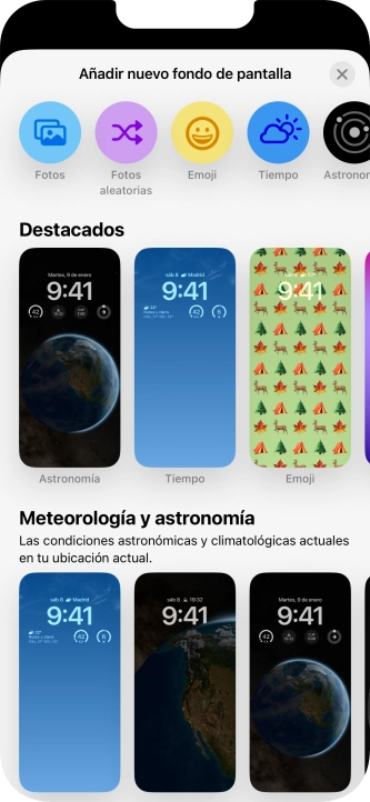 Pulsa una categoría y sigue las indicaciones de la pantalla para seleccionar la imagen de fondo deseada.