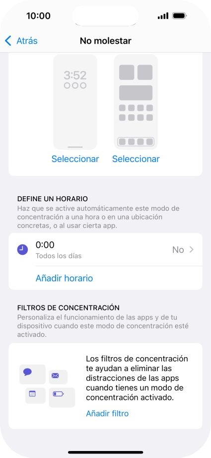 Pulsa Añadir horario y sigue las indicaciones de la pantalla para seleccionar los ajustes de la activación automática de No molestar.