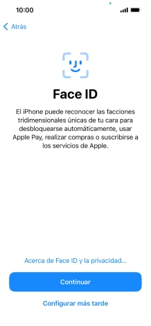 Sigue las indicaciones de la pantalla para activar el uso del reconocimiento facial (Face ID) o pulsa Configurar más tarde.