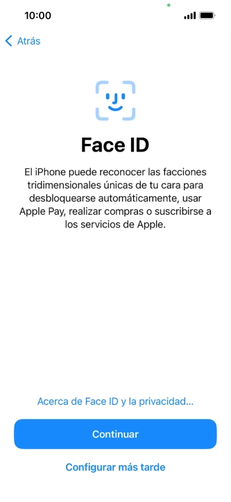 Sigue las indicaciones de la pantalla para activar el uso del reconocimiento facial (Face ID) o pulsa Configurar más tarde.