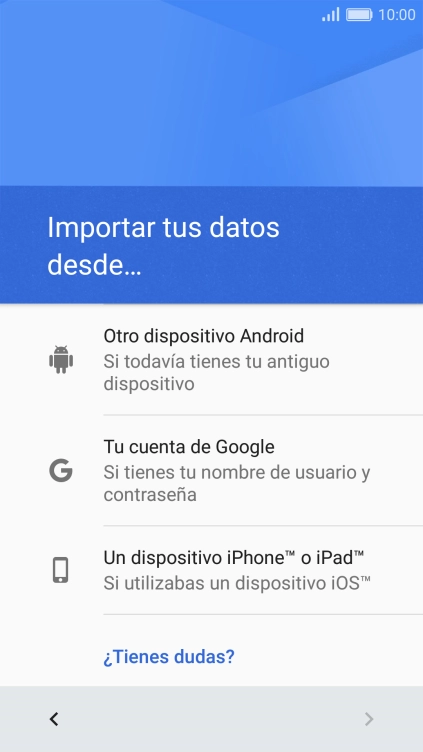 Pulsa la opción deseada y sigue las indicaciones de la pantalla para transferir contenido desde el otro teléfono y finalizar la activación de tu teléfono.