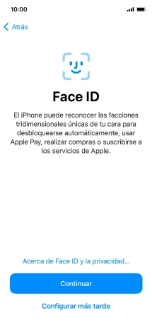 Sigue las indicaciones de la pantalla para activar el uso del reconocimiento facial (Face ID) o pulsa Configurar más tarde.