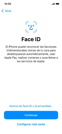 Sigue las indicaciones de la pantalla para activar el uso del reconocimiento facial (Face ID) o pulsa Configurar más tarde.