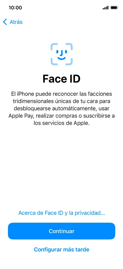 Sigue las indicaciones de la pantalla para activar el uso del reconocimiento facial (Face ID) o pulsa Configurar más tarde.