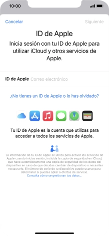 Si no tienes un ID de Apple, pulsa ¿No tienes un ID de Apple o lo has olvidado? y sigue las indicaciones de la pantalla para ver cómo crear un ID de Apple.