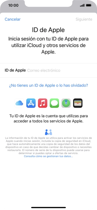 Si no tienes un ID de Apple, pulsa ¿No tienes un ID de Apple o lo has olvidado? y sigue las indicaciones de la pantalla para ver cómo crear un ID de Apple.