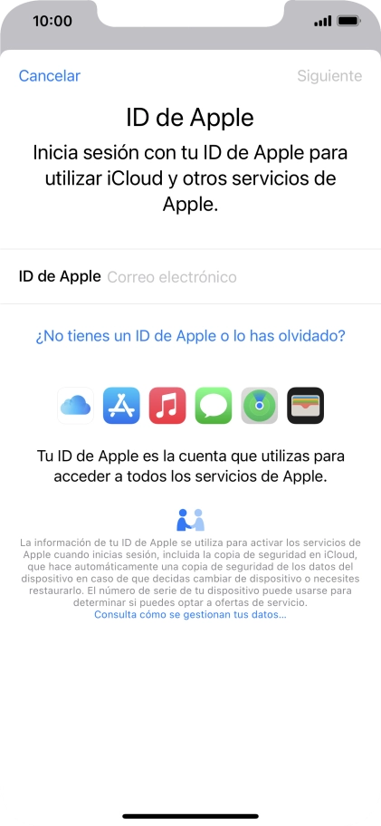 Si no tienes un ID de Apple, pulsa ¿No tienes un ID de Apple o lo has olvidado? y sigue las indicaciones de la pantalla para ver cómo crear un ID de Apple.