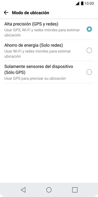 Si seleccionas Alta precisión (GPS y redes), el teléfono podrá encontrar tu posición exacta con ayuda de los satélites GPS, la red móvil y una red wifi cercana. El GPS por satélite requiere vista libre al cielo.