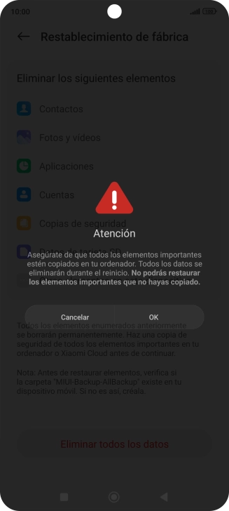 Pulsa OK. Espera unos instantes mientras el teléfono restablece la configuración predeterminada. Sigue las indicaciones de la pantalla para configurar el teléfono y dejarlo listo para su uso.