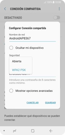 Pulsa WPA2 PSK para proteger la conexión wifi con una contraseña.