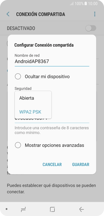 Pulsa WPA2 PSK para proteger la conexión wifi con una contraseña.