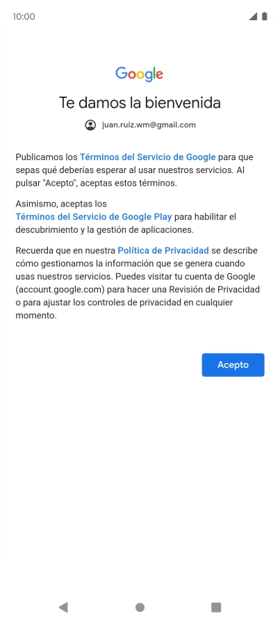 Pulsa Acepto y sigue las indicaciones de la pantalla para seleccionar los ajustes de tu cuenta de Google.