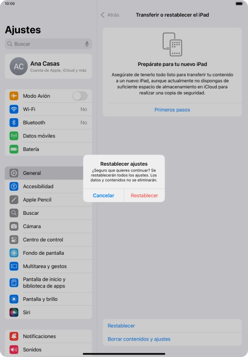 Pulsa Restablecer. Espera unos instantes mientras la tablet restablece la configuración predeterminada. Sigue las indicaciones de la pantalla para configurar la tablet y dejarla lista para su uso.