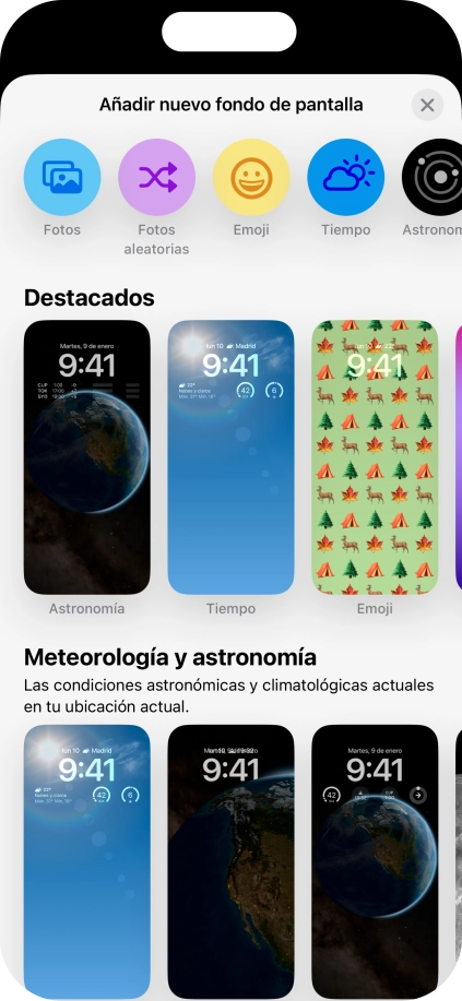 Pulsa una categoría y sigue las indicaciones de la pantalla para seleccionar la imagen de fondo deseada.