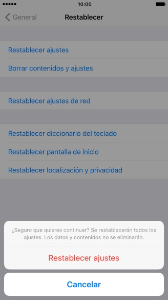 Pulsa Restablecer ajustes. Espera unos instantes mientras el teléfono restablece la configuración predeterminada. 
Sigue las indicaciones de la pantalla para configurar el teléfono y dejarlo listo para su uso.