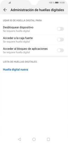 Pulsa Huella digital nueva y sigue las indicaciones de la pantalla para configurar una huella digital como código de seguridad del teléfono.