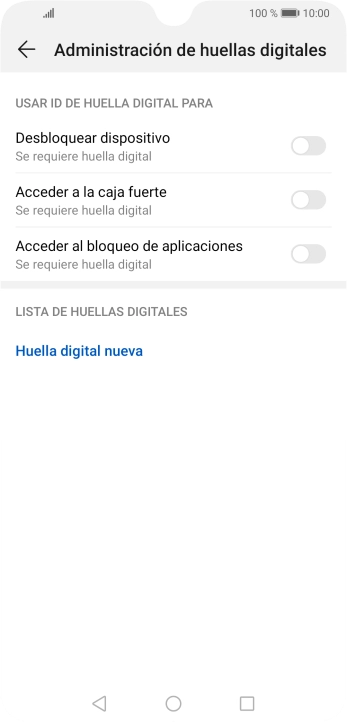 Pulsa Huella digital nueva y sigue las indicaciones de la pantalla para configurar una huella digital como código de seguridad del teléfono.