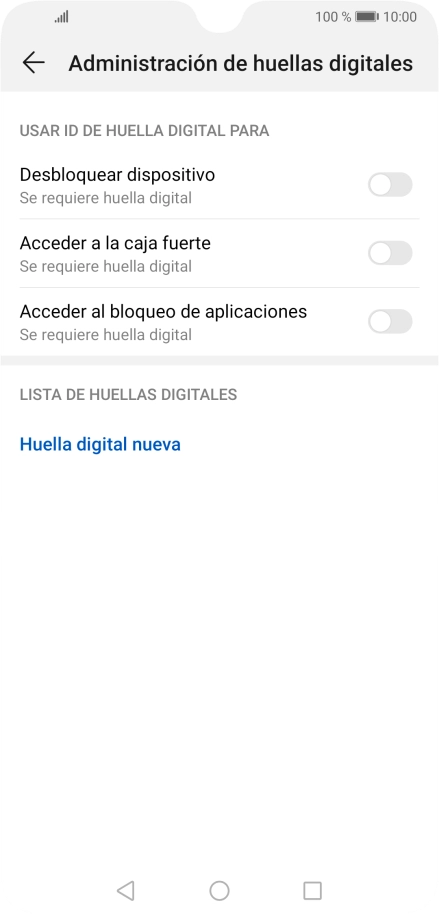 Pulsa Huella digital nueva y sigue las indicaciones de la pantalla para configurar una huella digital como código de seguridad del teléfono.