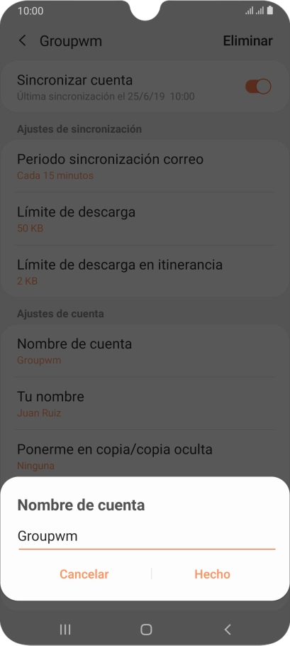 Introduce el nombre deseado de la cuenta de correo electrónico y pulsa Hecho.